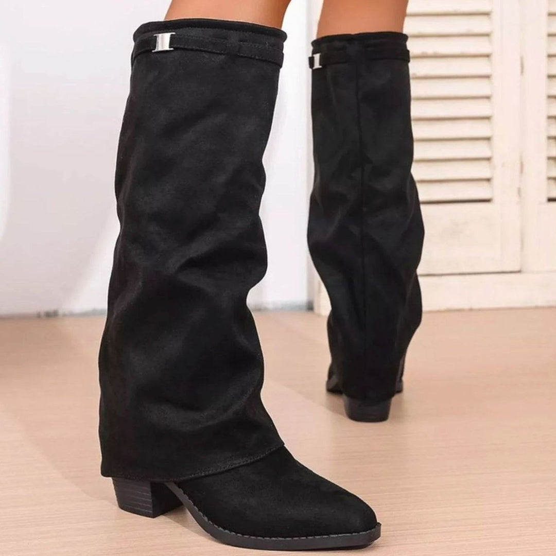 Women's Knee-High Slouch Pointy Toe Block Heel Boots