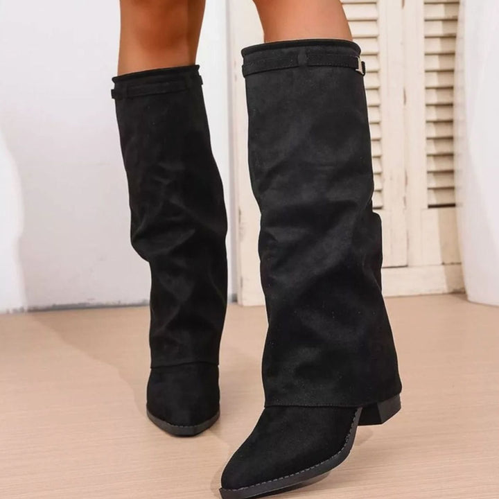 Women's Knee-High Slouch Pointy Toe Block Heel Boots - Black