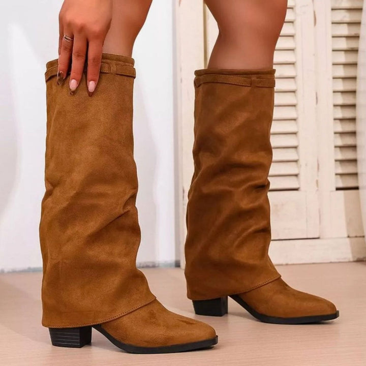 Women's Knee-High Slouch Pointy Toe Block Heel Boots - Brown