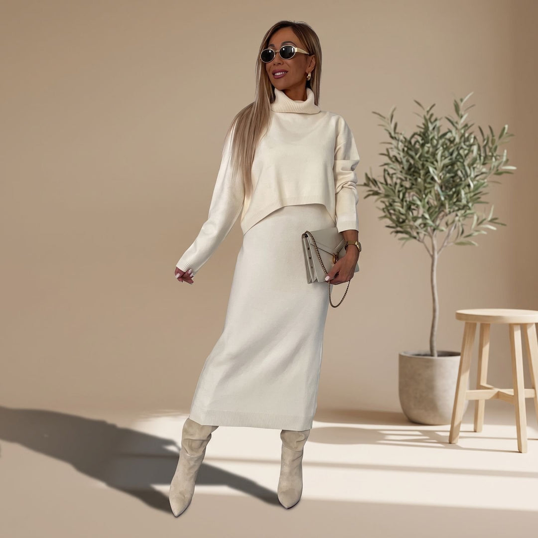 Women's Knitted Top and Skirt Set Turtleneck Midi Co-Ord - Cream
