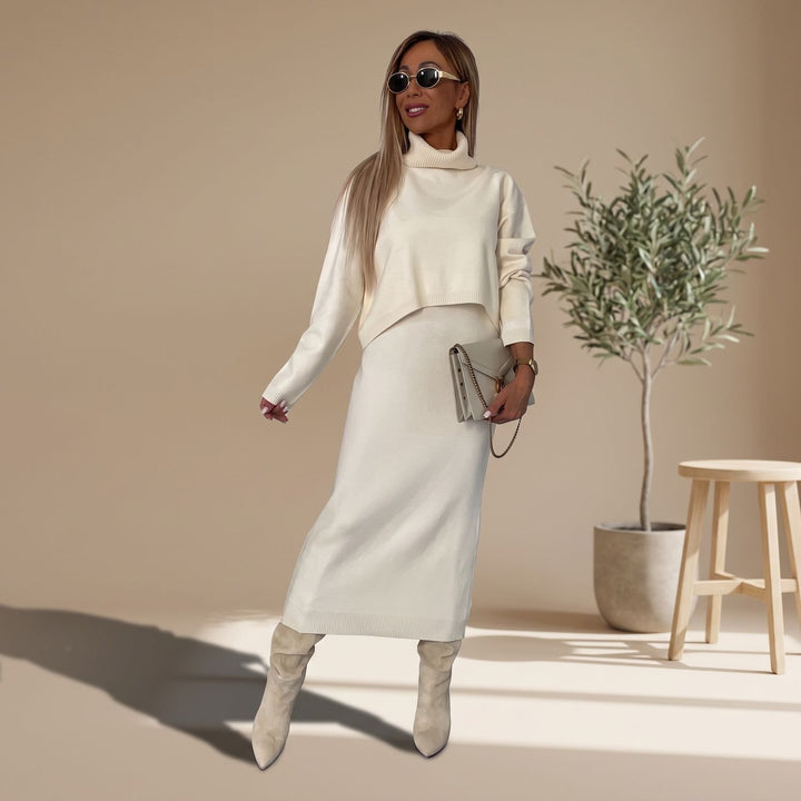 Women's Knitted Top and Skirt Set Turtleneck Midi Co-Ord - Cream