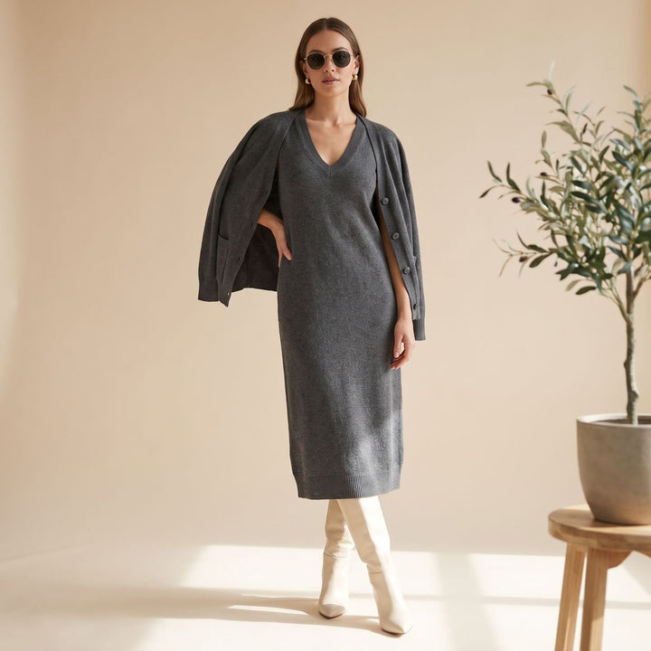 Women's Knitted Top and Skirt Set Turtleneck Midi Co-Ord - Gray