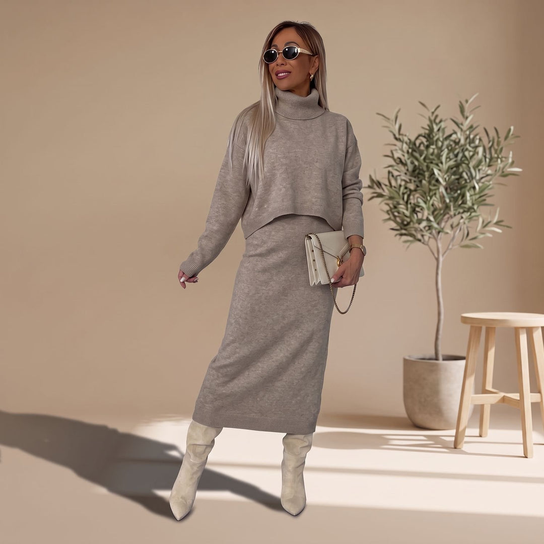 Women's Knitted Top and Skirt Set Turtleneck Midi Co-Ord - Dark Beige