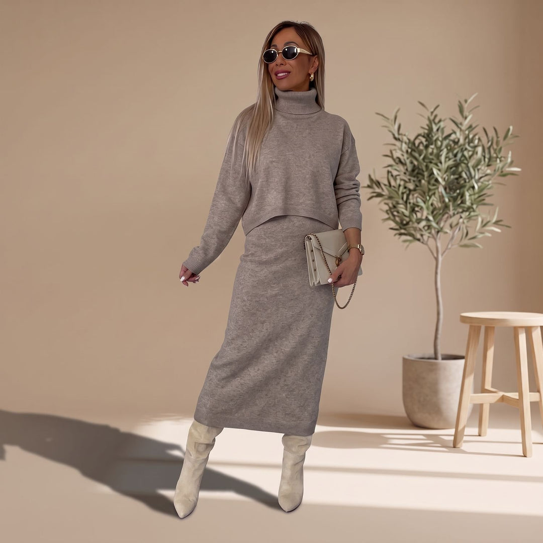 Women's Knitted Top and Skirt Set Turtleneck Midi Co-Ord