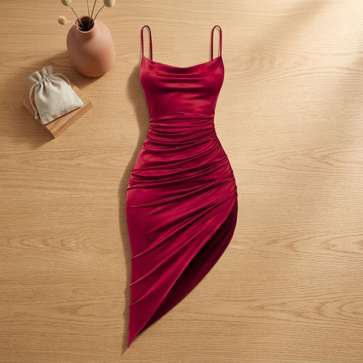 Women's Kyria Satin Ruched Halter Cocktail Dress Side Split - Wine Red