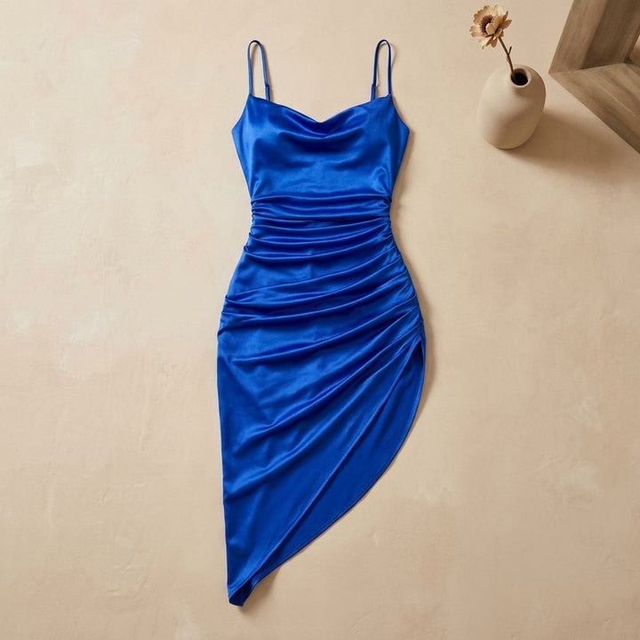 Women's Kyria Satin Ruched Halter Cocktail Dress Side Split - Cobalt Blue