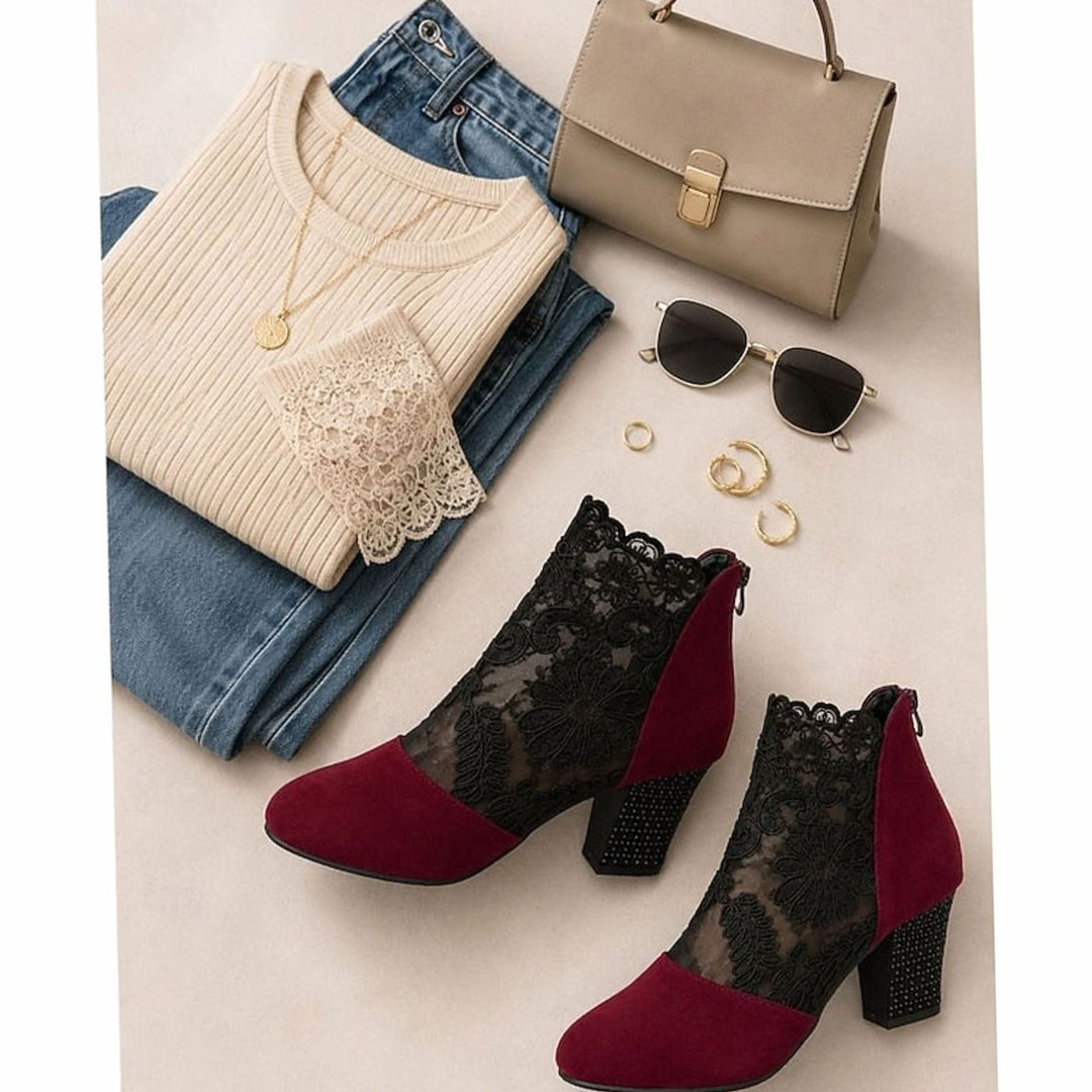 Women's Lace-Accent Block Heel Ankle Boots