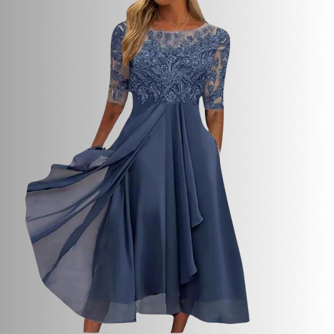 Women's Lace Bodice Chiffon Midi Formal Dresses Flared A-Line - Blue