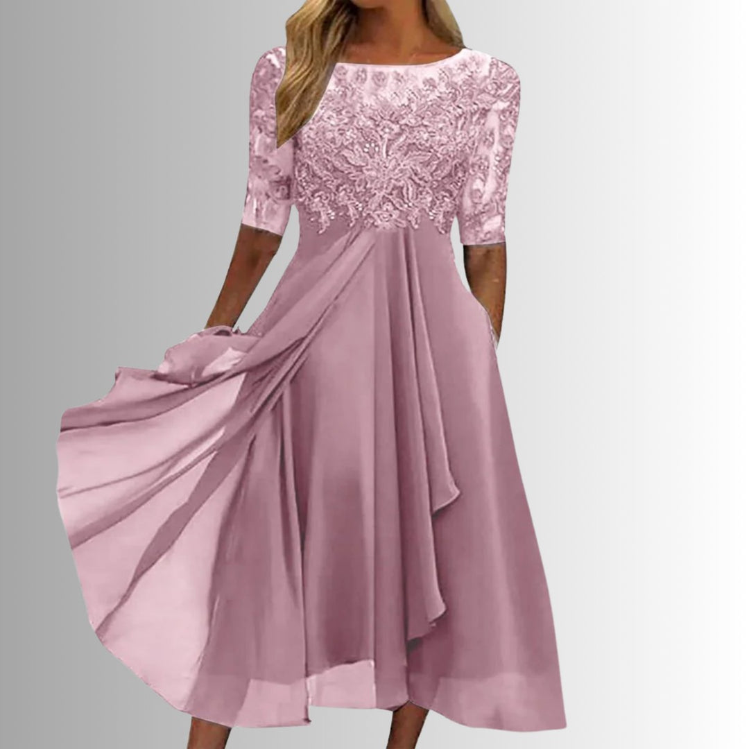 Women's Lace Bodice Chiffon Midi Formal Dresses Flared A-Line - Pink