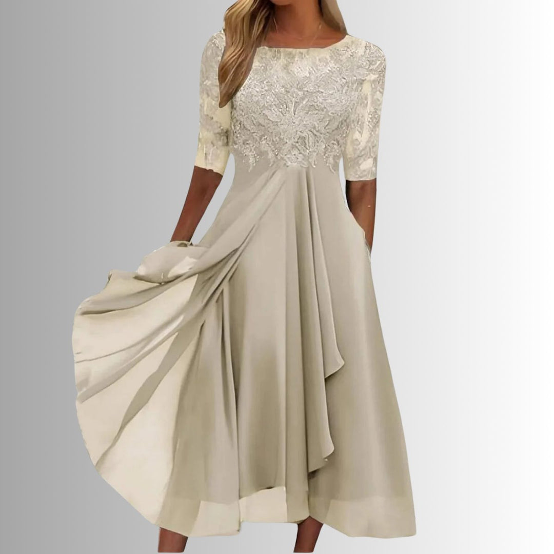 Women's Lace Bodice Chiffon Midi Formal Dresses Flared A-Line - Cream