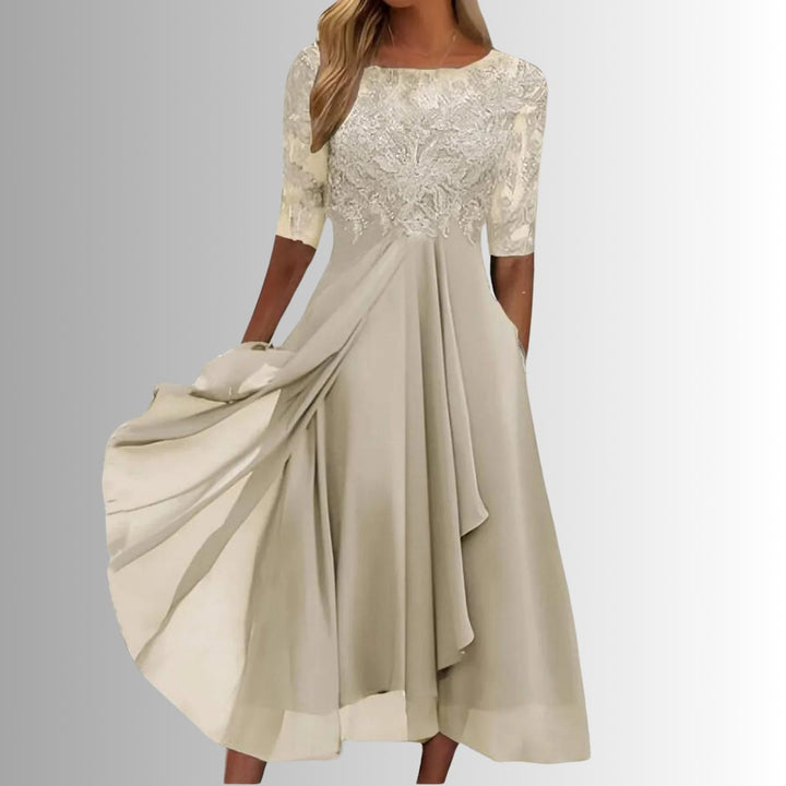 Women's Lace Bodice Chiffon Midi Formal Dresses Flared A-Line - Cream