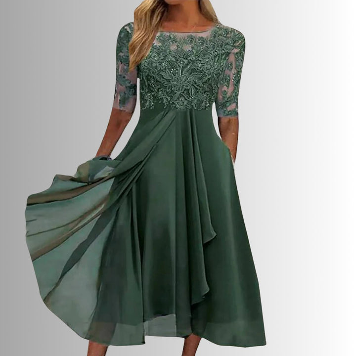 Women's Lace Bodice Chiffon Midi Formal Dresses Flared A-Line - Green