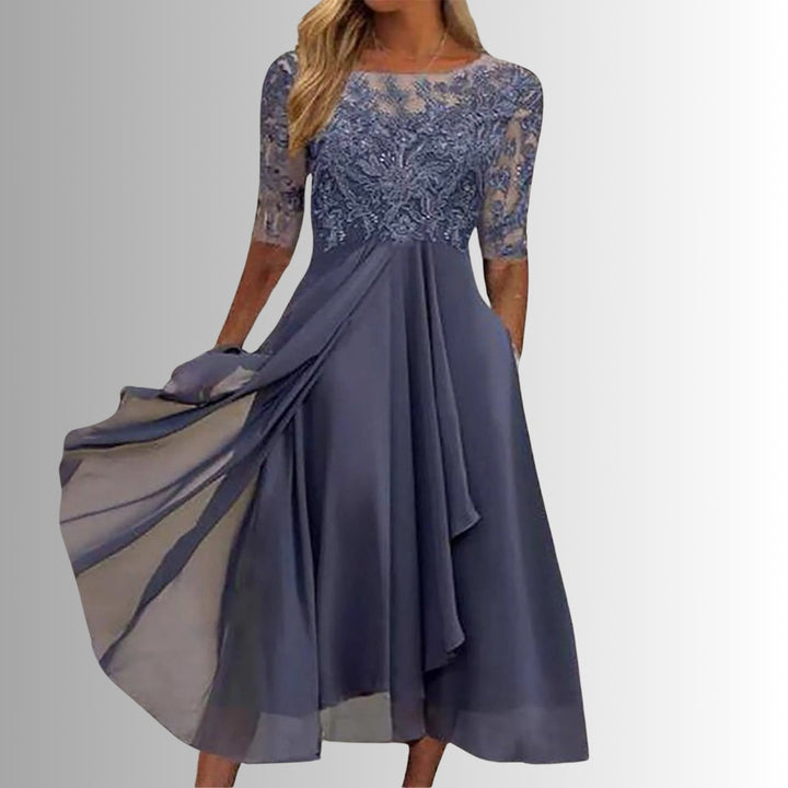 Women's Lace Bodice Chiffon Midi Formal Dresses Flared A-Line - Purple