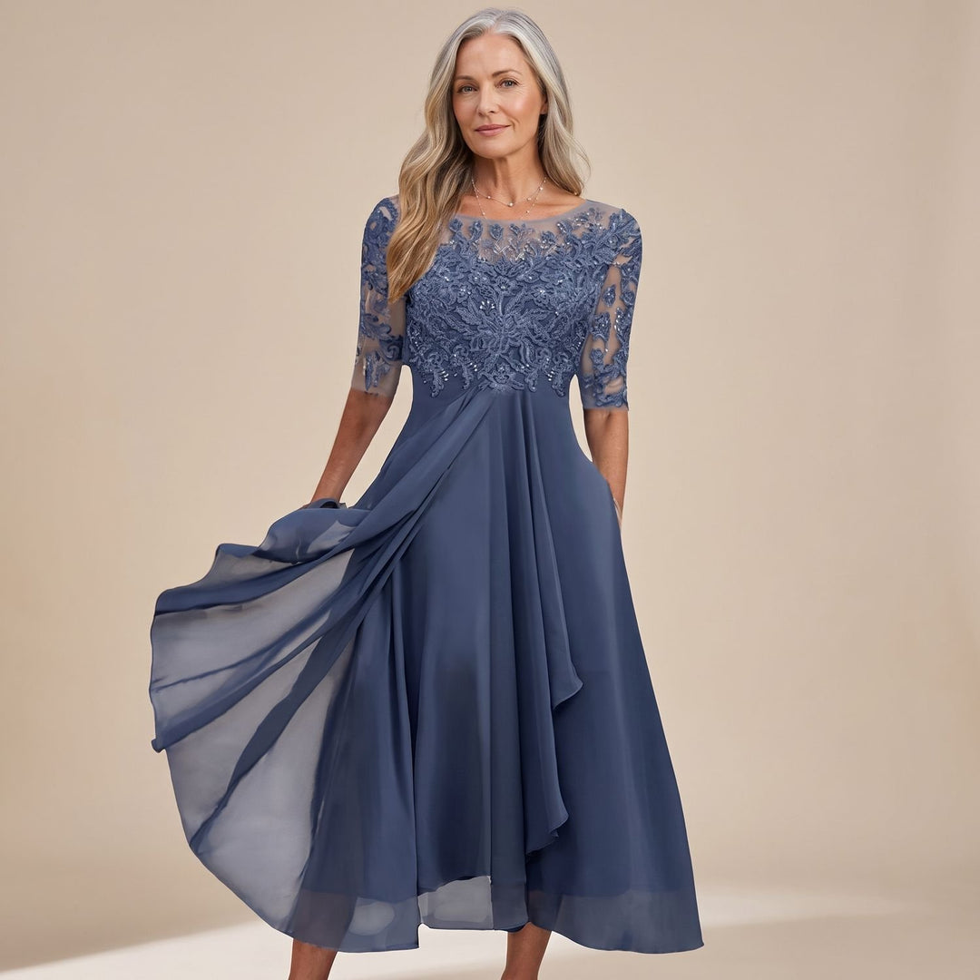 Women's Lace Bodice Half-Sleeve Chiffon Midi Dress - Blue