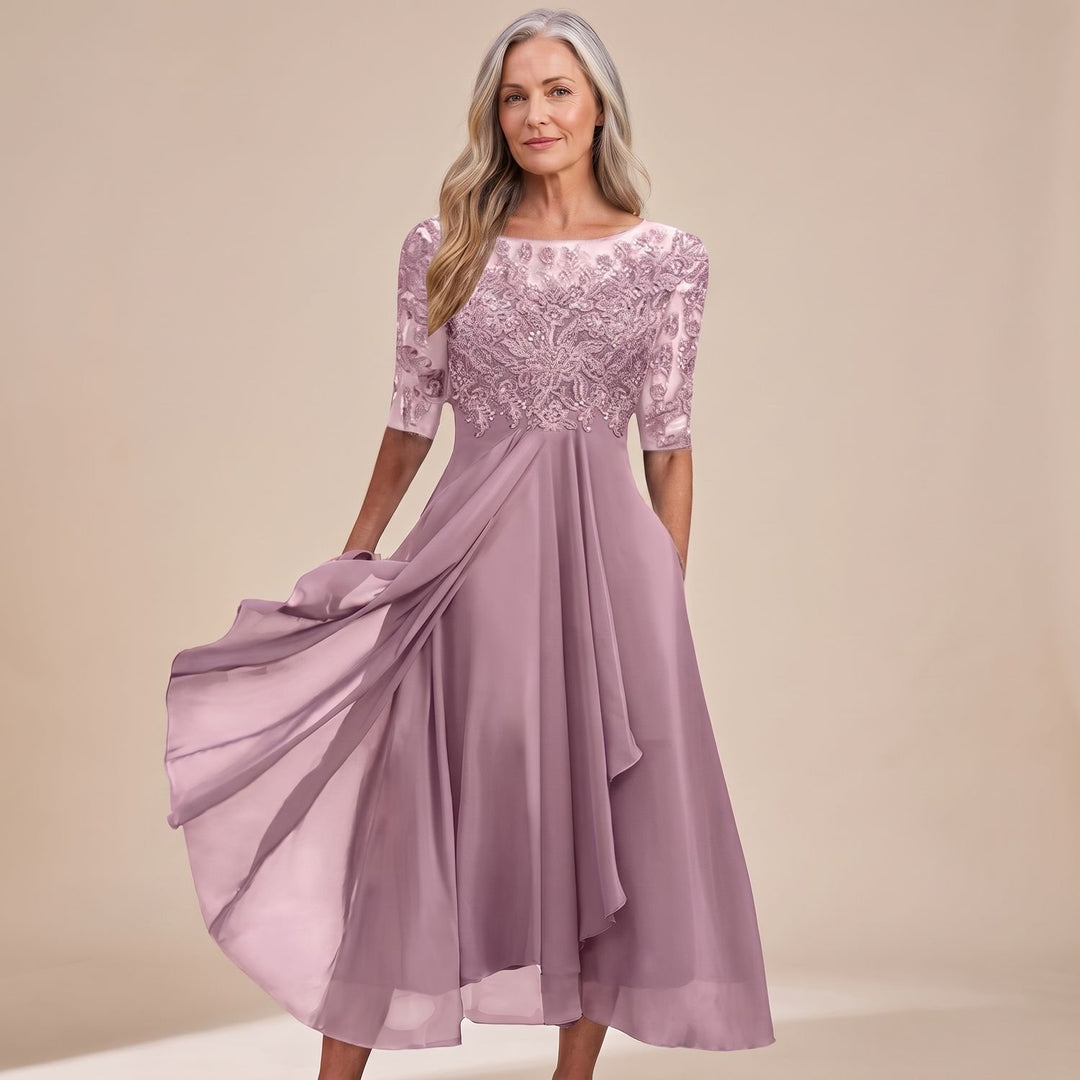 Women's Lace Bodice Half-Sleeve Chiffon Midi Dress - Pink