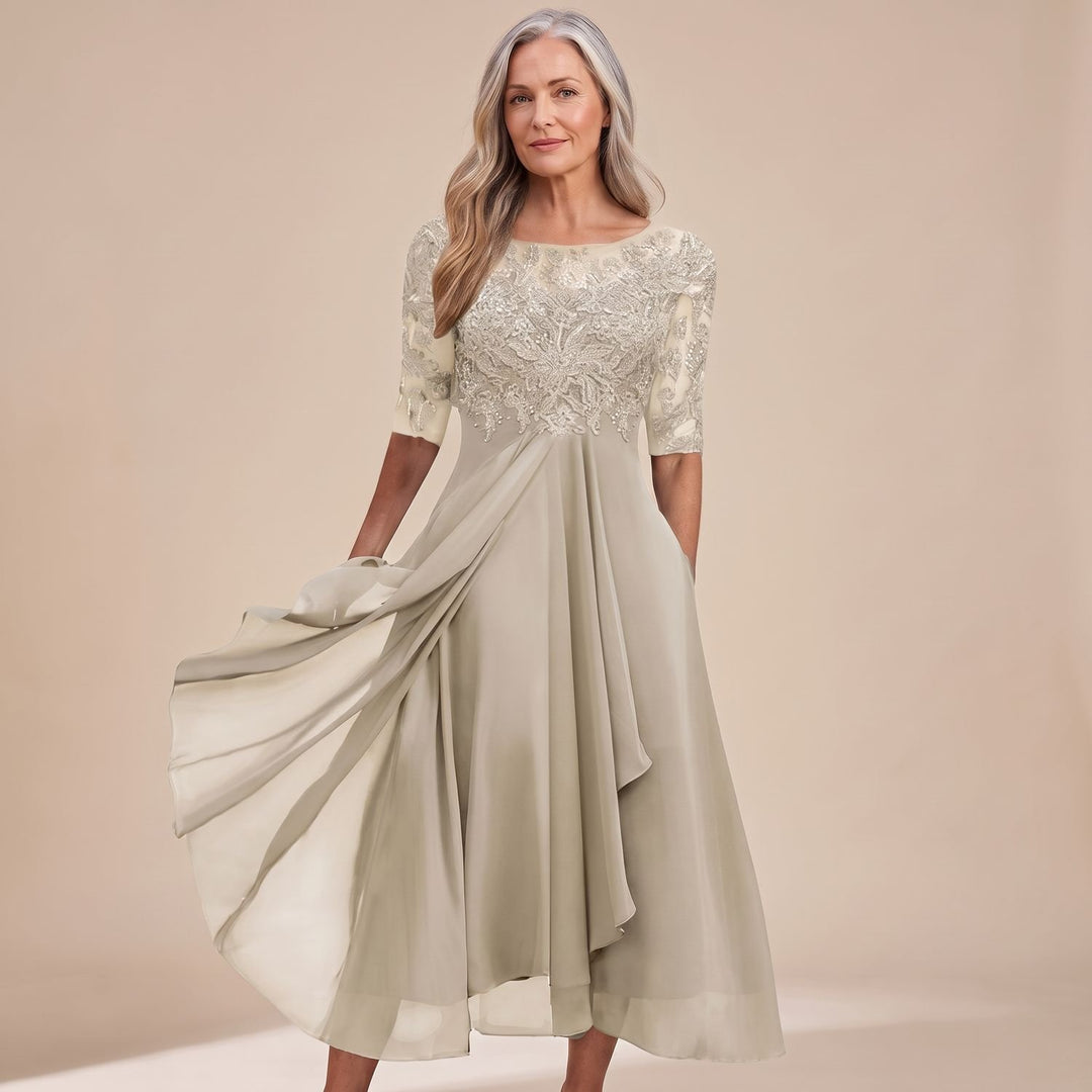 Women's Lace Bodice Half-Sleeve Chiffon Midi Dress - Cream