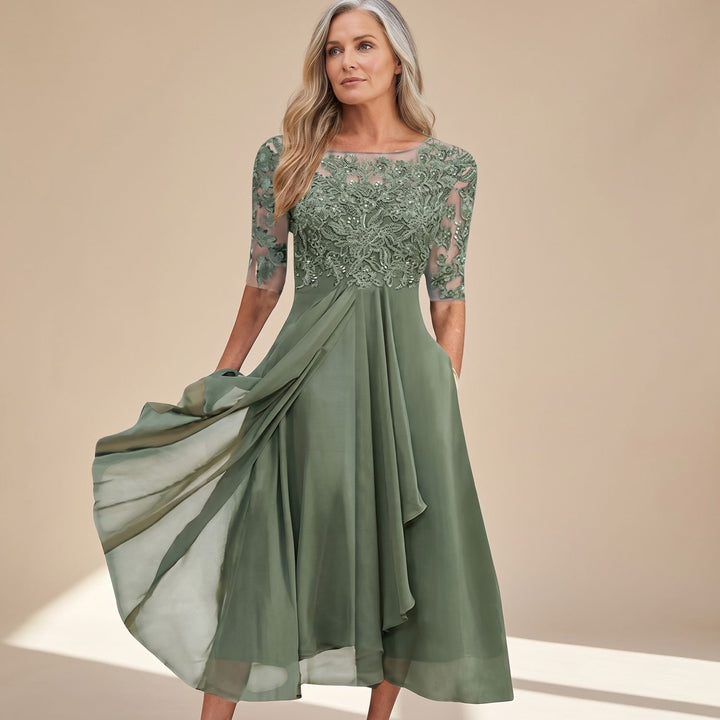 Women's Lace Bodice Half-Sleeve Chiffon Midi Dress - Green