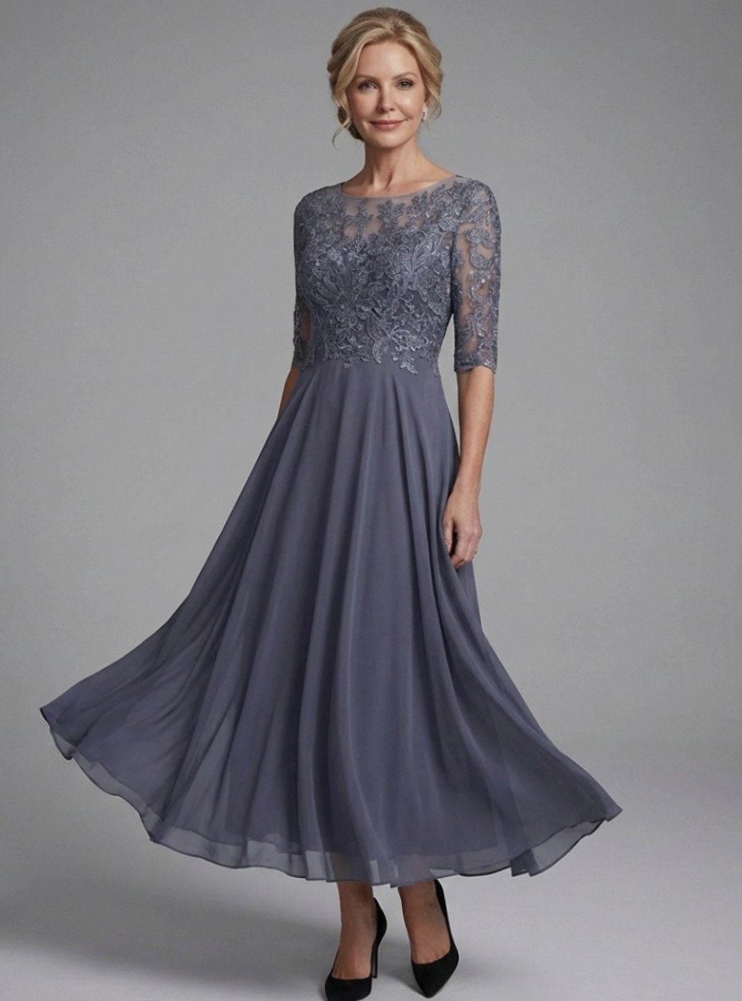 Women's Lace Bodice Sheer Sleeve Midi Dress - Blue