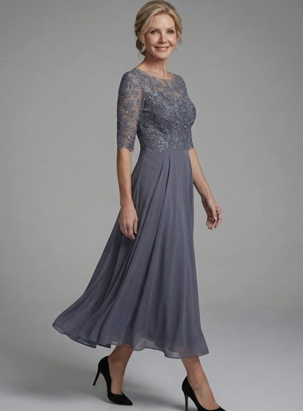 Women's Lace Bodice Sheer Sleeve Midi Dress