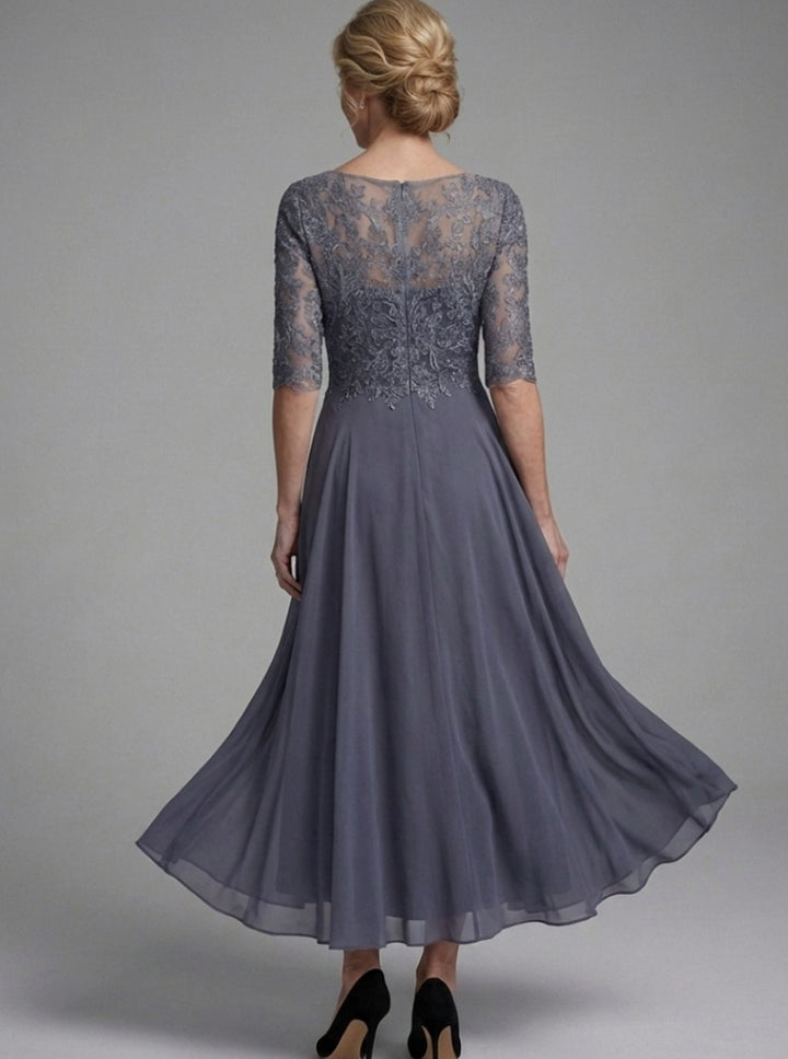 Women's Lace Bodice Sheer Sleeve Midi Dress