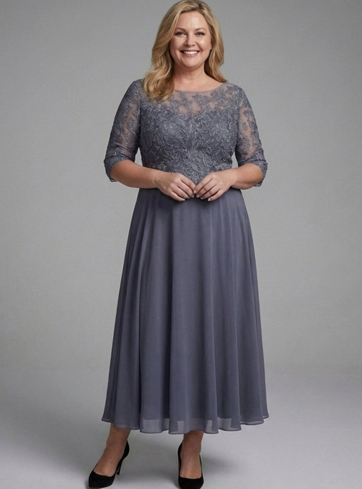 Women's Lace Bodice Sheer Sleeve Midi Dress