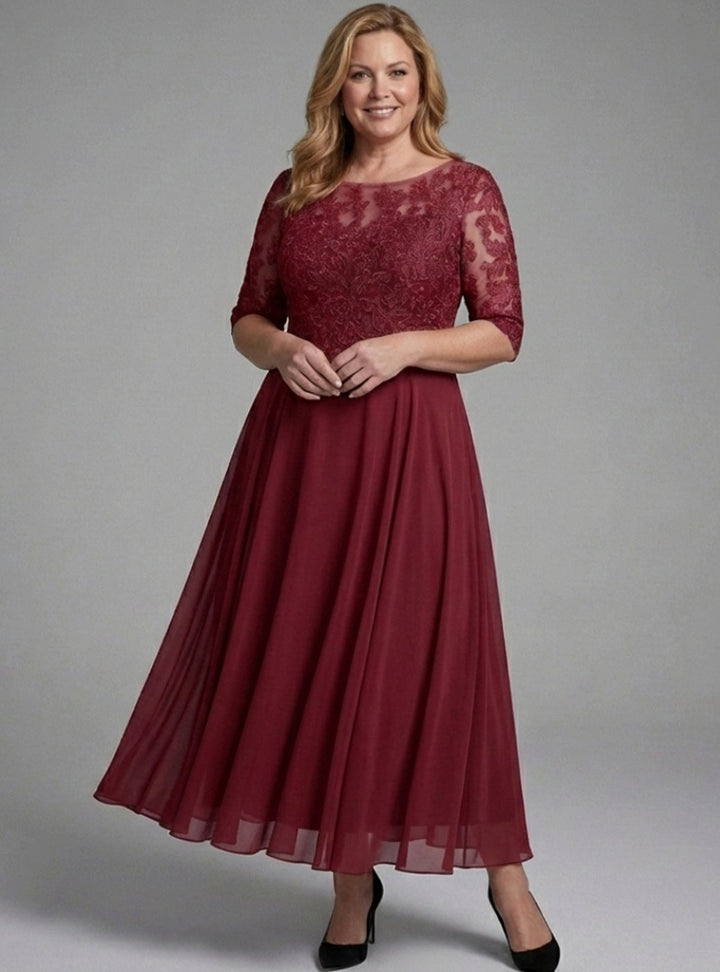 Women's Lace Bodice Sheer Sleeve Midi Dress