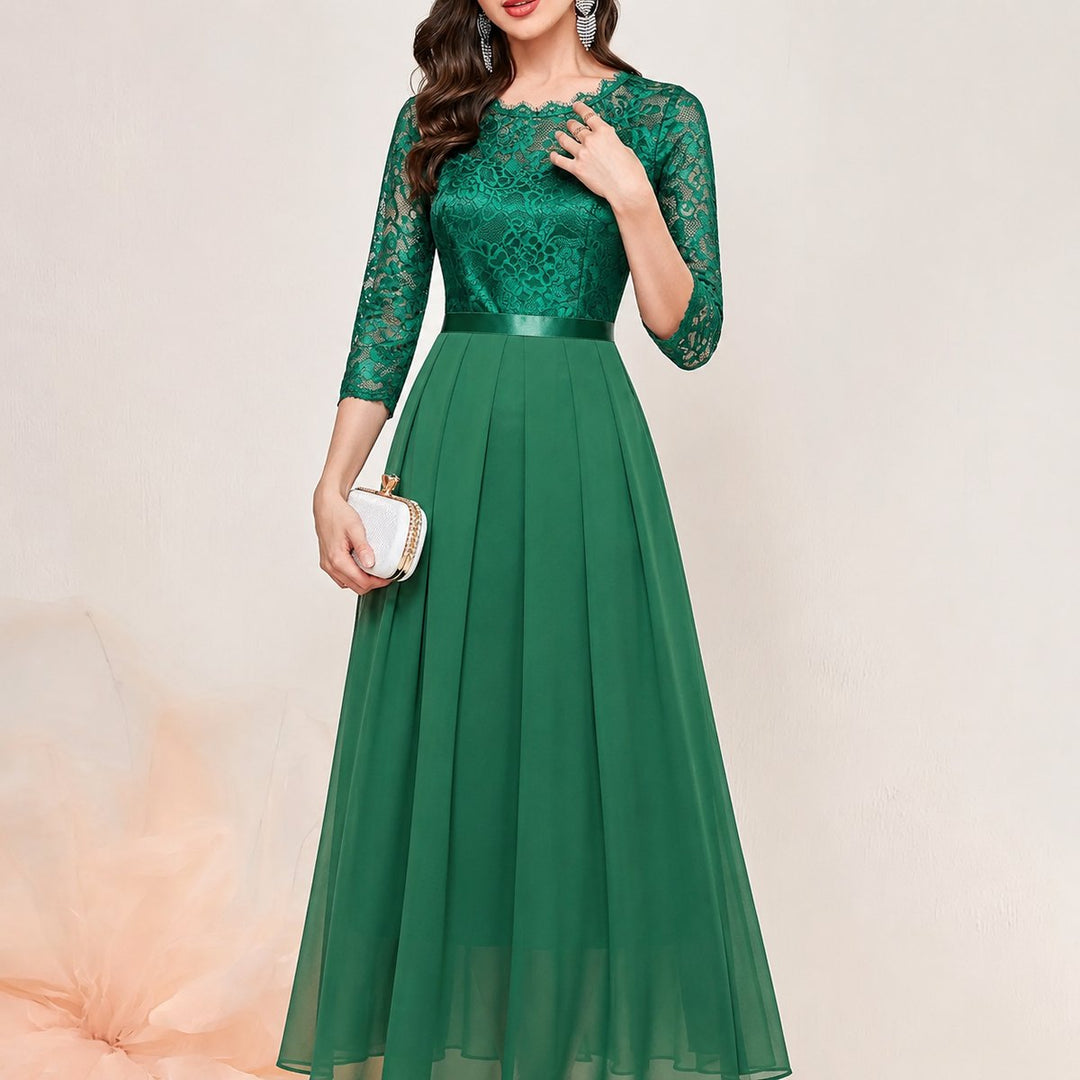 Women's Lace Bodice Three-Quarter Sleeve Maxi Formal Dresses - Green