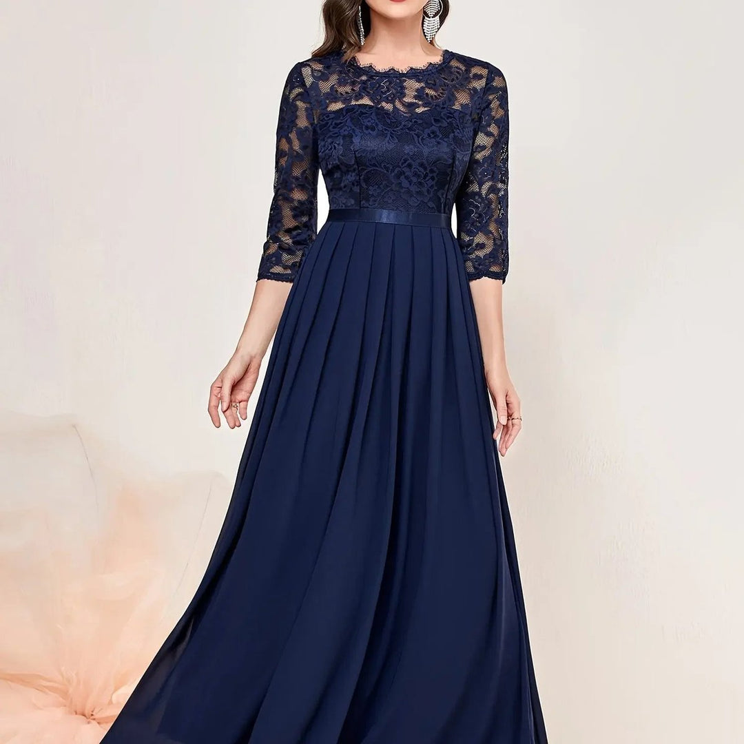 Women's Lace Bodice Three-Quarter Sleeve Maxi Formal Dresses - Blue