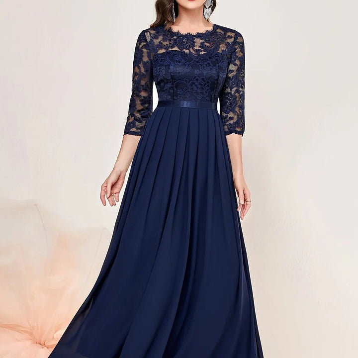 Women's Lace Bodice Three-Quarter Sleeve Maxi Formal Dresses - Blue