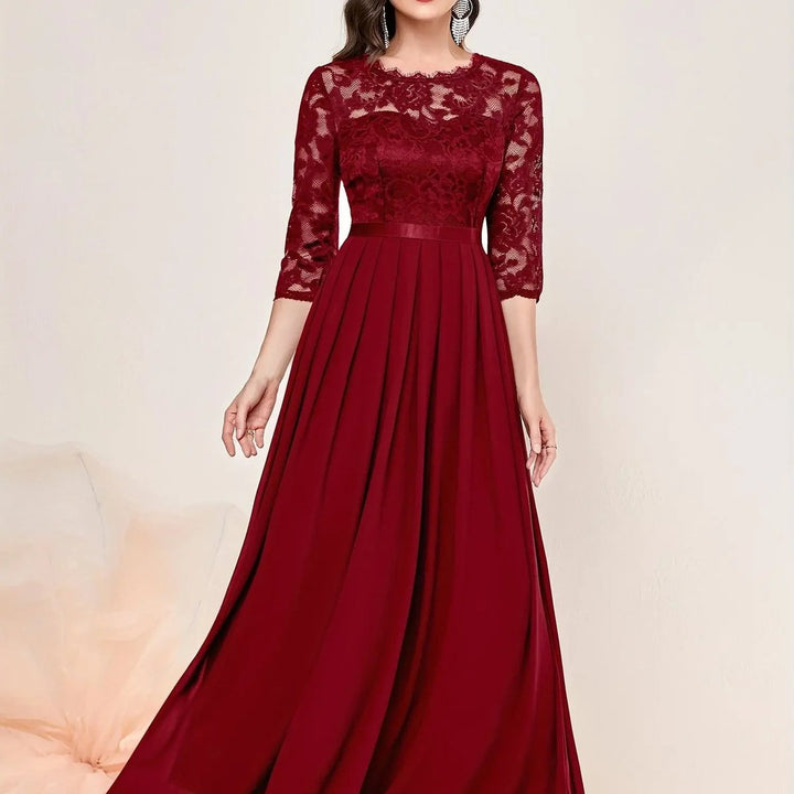 Women's Lace Bodice Three-Quarter Sleeve Maxi Formal Dresses - Red