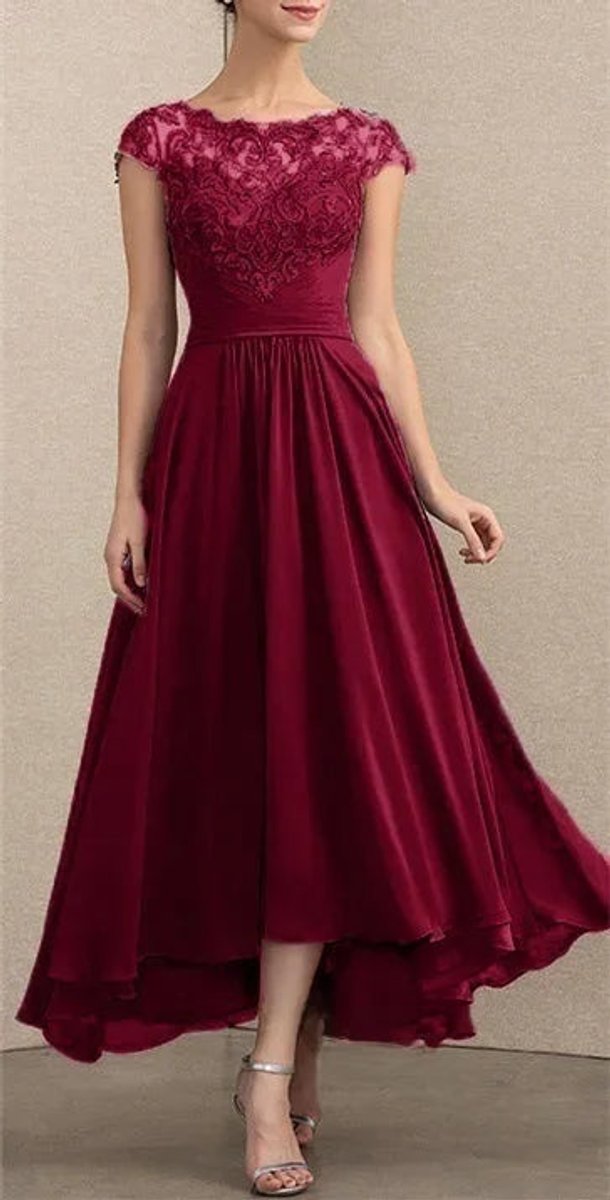 Women's Lace Chiffon Cap-Sleeve Maxi Formal Dresses - Burgundy