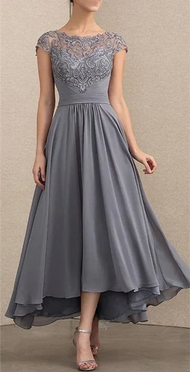 Women's Lace Chiffon Cap-Sleeve Maxi Formal Dresses - Grey