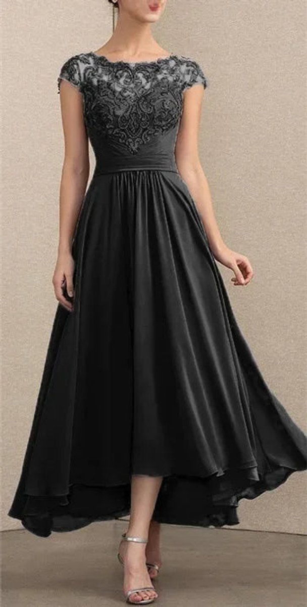 Women's Lace Chiffon Cap-Sleeve Maxi Formal Dresses - Black