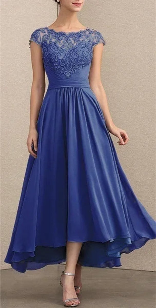 Women's Lace Chiffon Cap-Sleeve Maxi Formal Dresses - Blue