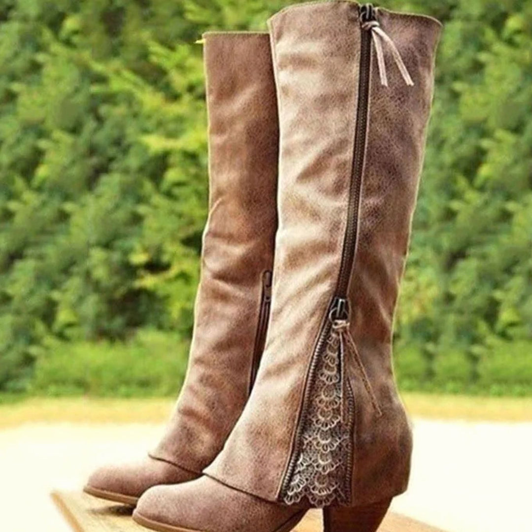 Women's Lace-Detail Block-Heel Knee High Boots - Brown