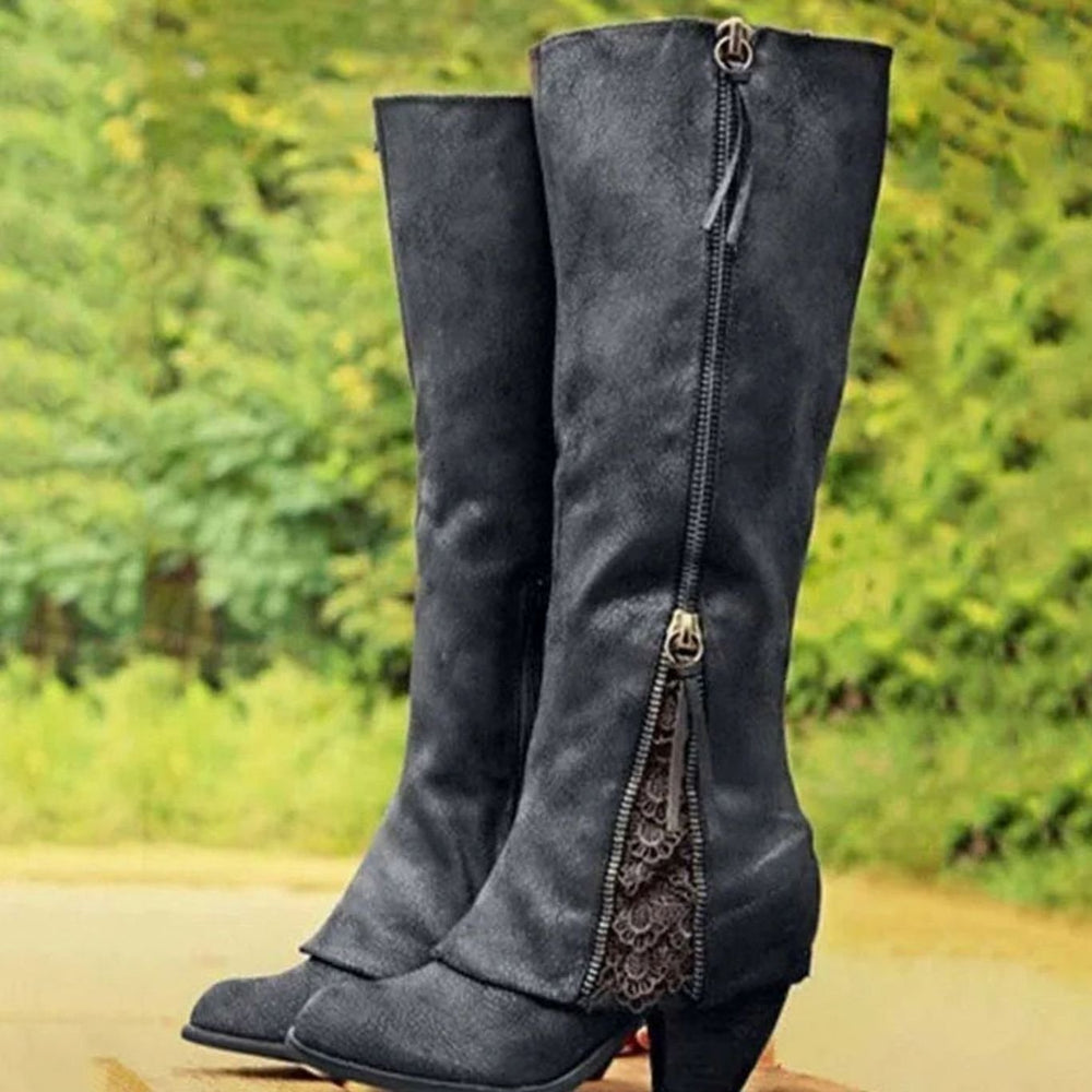 Women's Lace-Detail Block-Heel Knee High Boots - Black