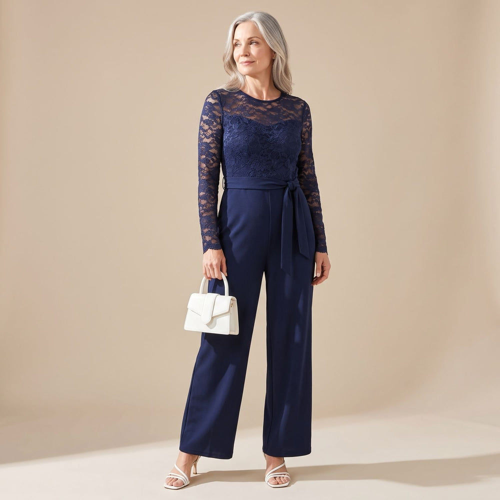 Women's Lace Long-Sleeve Wide-Leg Belted Jumpsuit - Blue