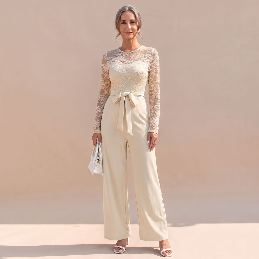 Women's Lace Long-Sleeve Wide-Leg Belted Jumpsuit - Beige