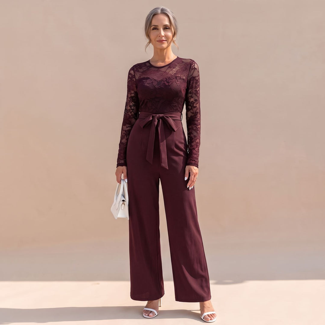 Women's Lace Long-Sleeve Wide-Leg Belted Jumpsuit - Red