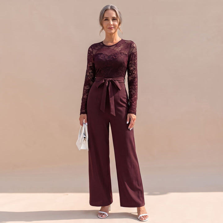 Women's Lace Long-Sleeve Wide-Leg Belted Jumpsuit - Red