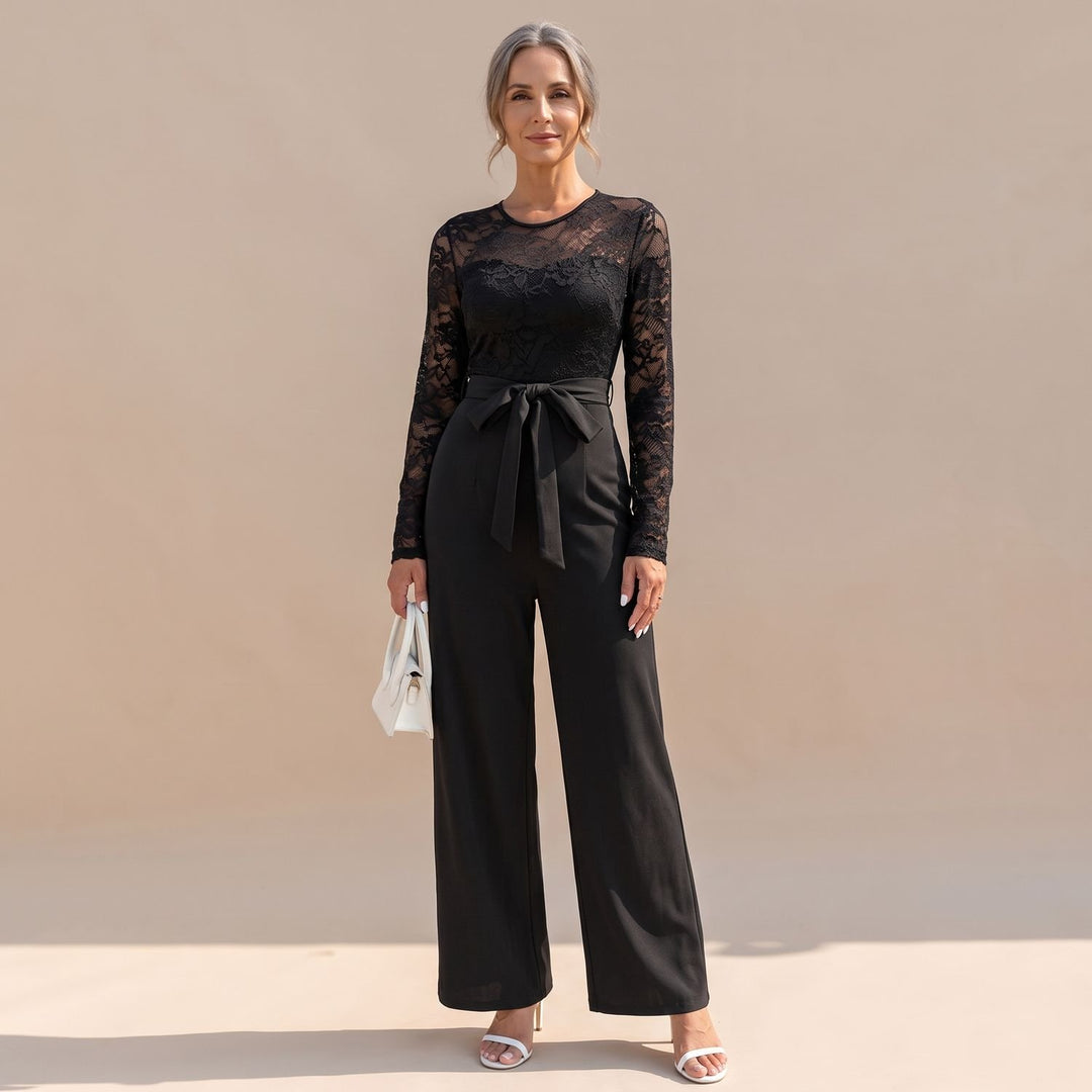 Women's Lace Long-Sleeve Wide-Leg Belted Jumpsuit - Black