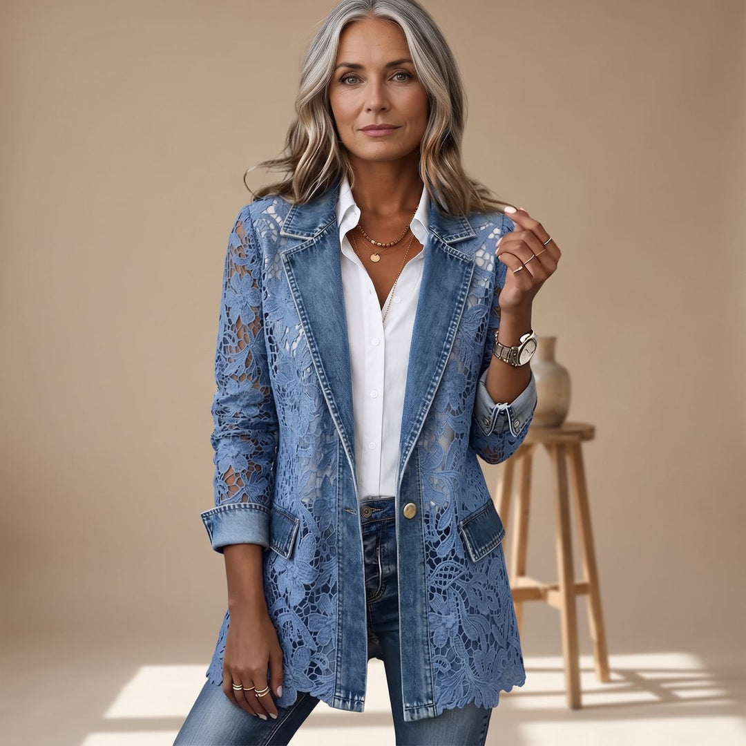 Women's Lace Panel Long-Sleeve Denim Blazer - Denim Blue