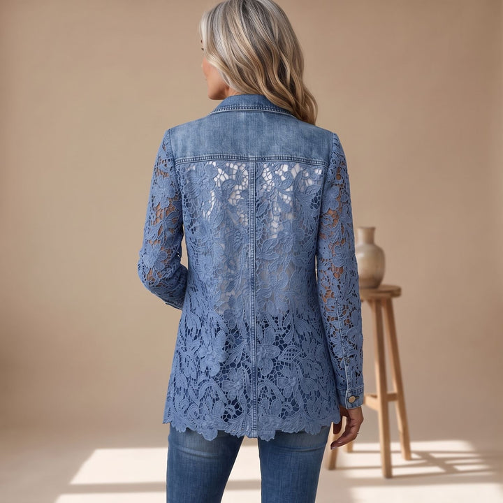 Women's Lace Panel Long-Sleeve Denim Blazer