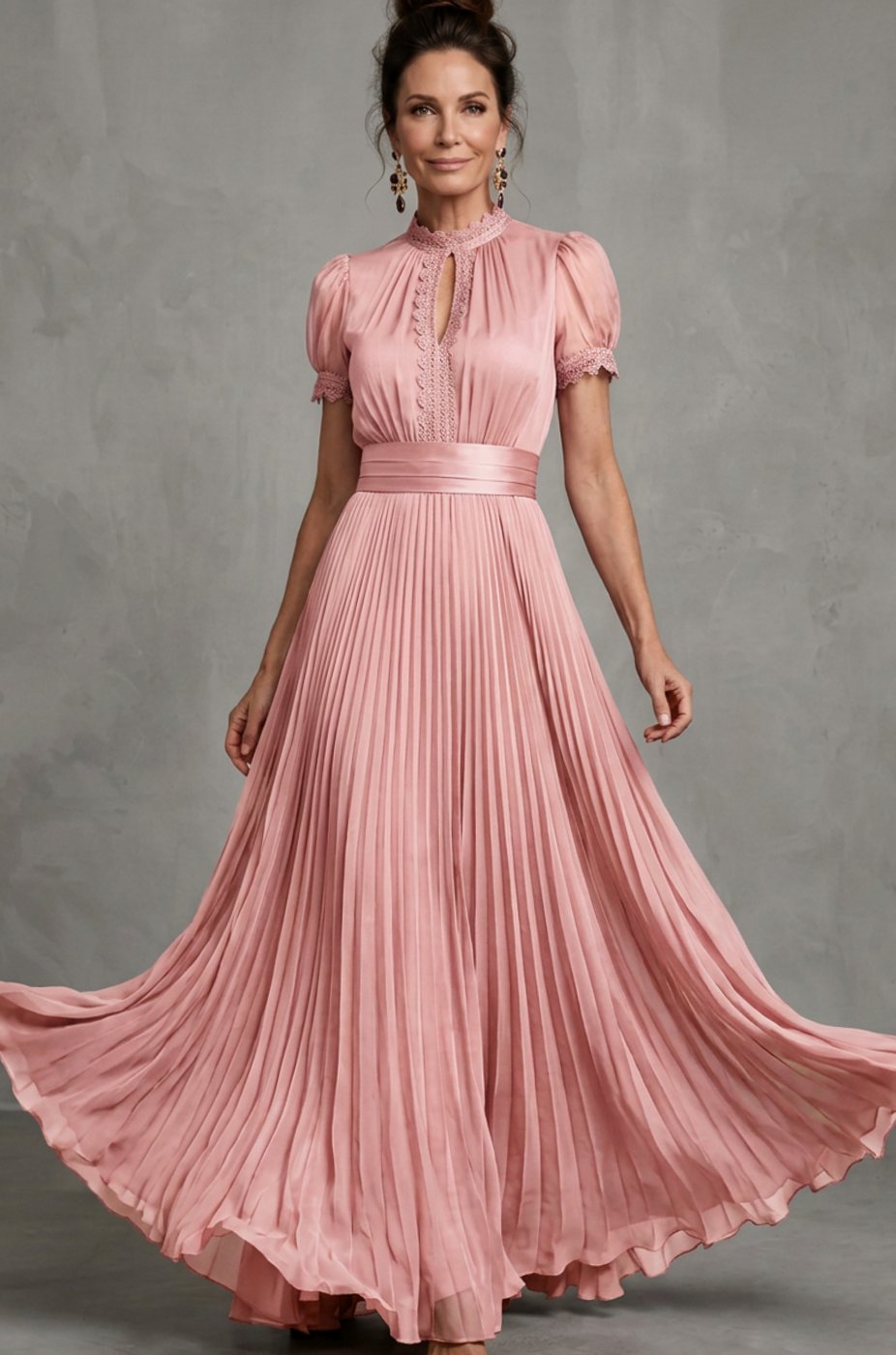 Women's Lace-Trim Pleated Maxi Dress Puff Sleeve Keyhole - Blush Pink
