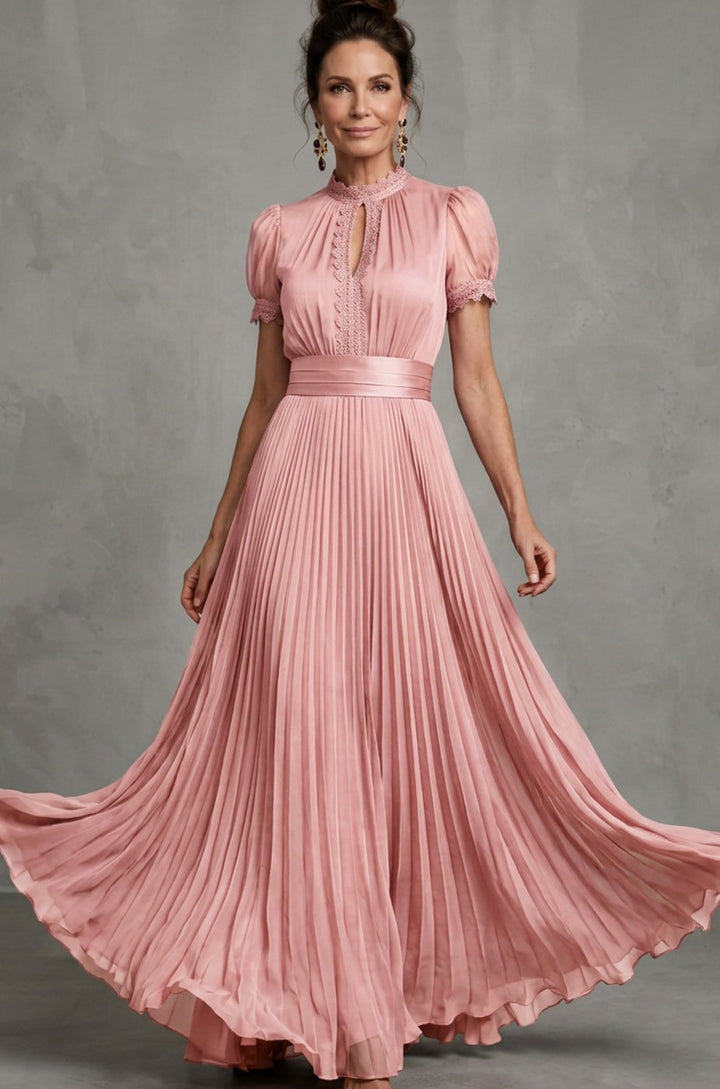 Women's Lace-Trim Pleated Maxi Dress Puff Sleeve Keyhole - Blush Pink