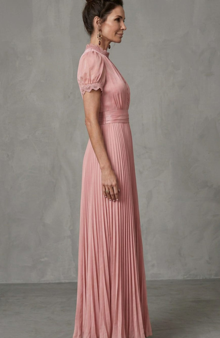 Women's Lace-Trim Pleated Maxi Dress Puff Sleeve Keyhole