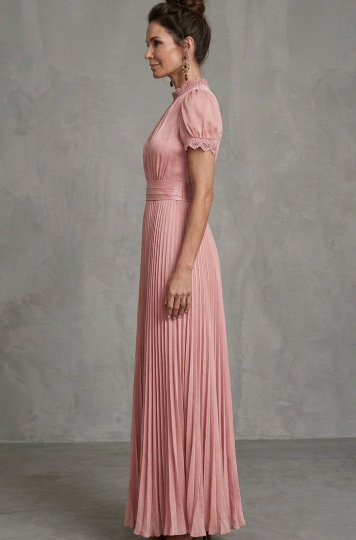 Women's Lace-Trim Pleated Maxi Dress Puff Sleeve Keyhole