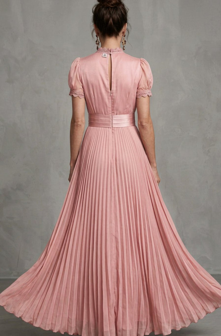 Women's Lace-Trim Pleated Maxi Dress Puff Sleeve Keyhole