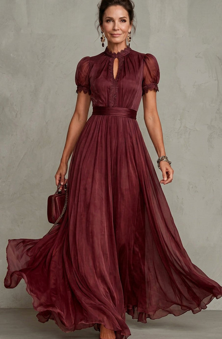 Women's Lace-Trim Pleated Maxi Dress Puff Sleeve Keyhole - Burgundy