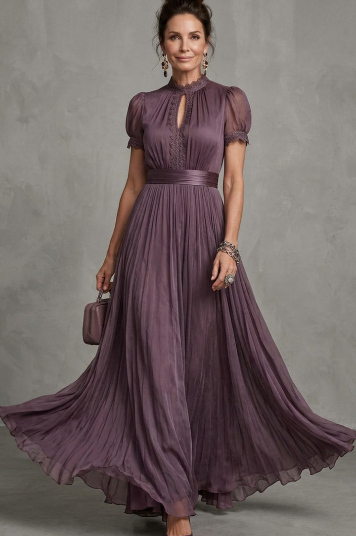 Women's Lace-Trim Pleated Maxi Dress Puff Sleeve Keyhole - Plum